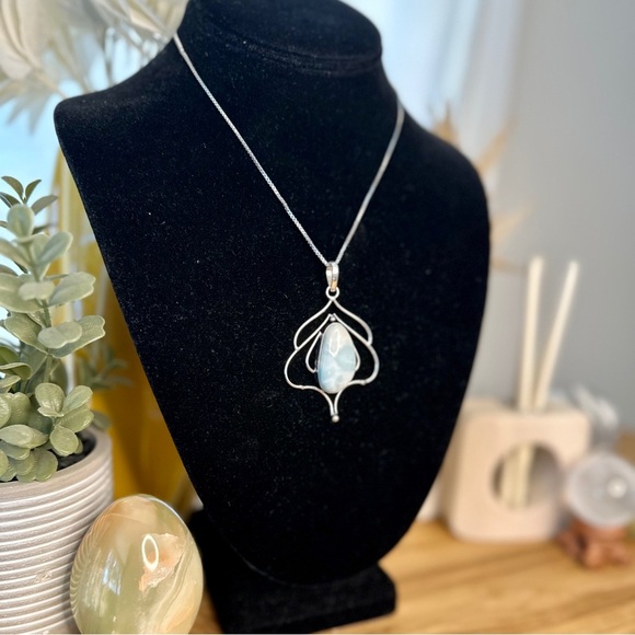 Natural Larimar and 925 silver plated brass pendant handmade chain not included - Picture 3 of 9